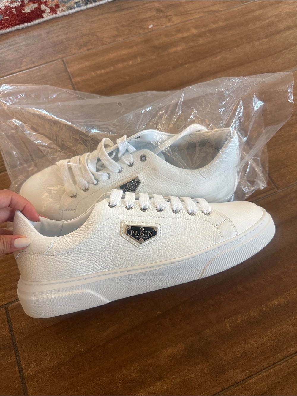 Philipp Plein White Leather Low-Top Sneaker with Metal Logo Plaque